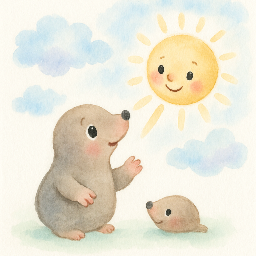 두더지 아빠가 해님에게 청혼하고 해님이 구름을 가리키는 장면